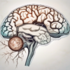 The human brain showing the olfactory bulb and the path of the olfactory nerve through the cribriform plate of the ethmoid bone